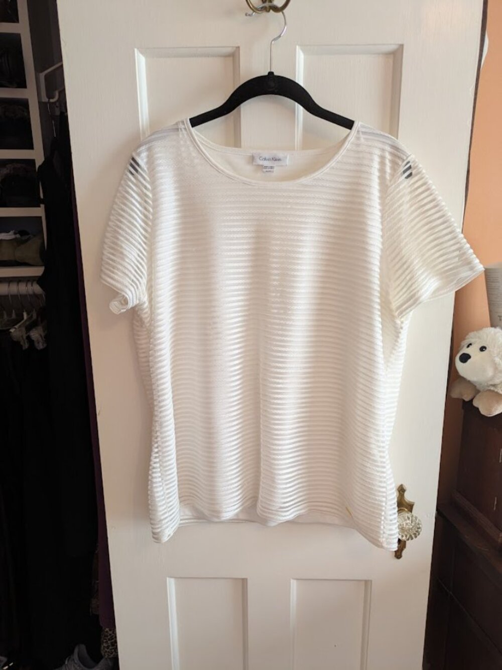 Calvin Klein White Sheer Shadow Striped Lined Blouse Size XL